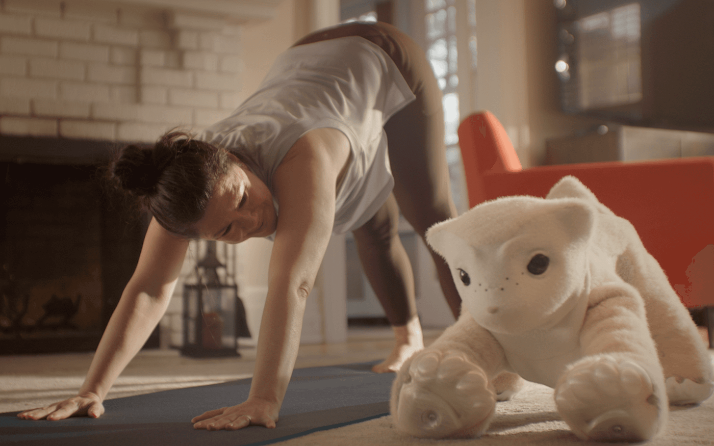 Woman doing downward dog yoga pose beside a familiar Woman doing downward dog yoga pose beside a familiar