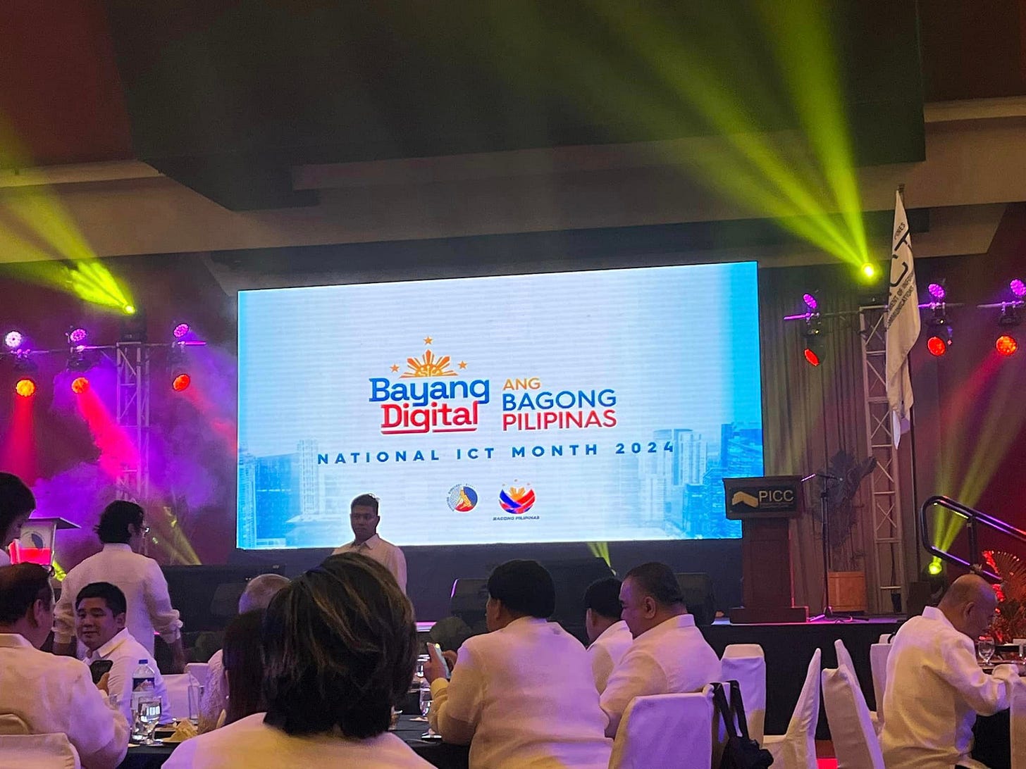 May be an image of 7 people, speaker, lighting and text that says 'Bayang ANG BAGONG Digital PILIPINAS 202411 045 2024 NATIONAL ICT MONTH -'