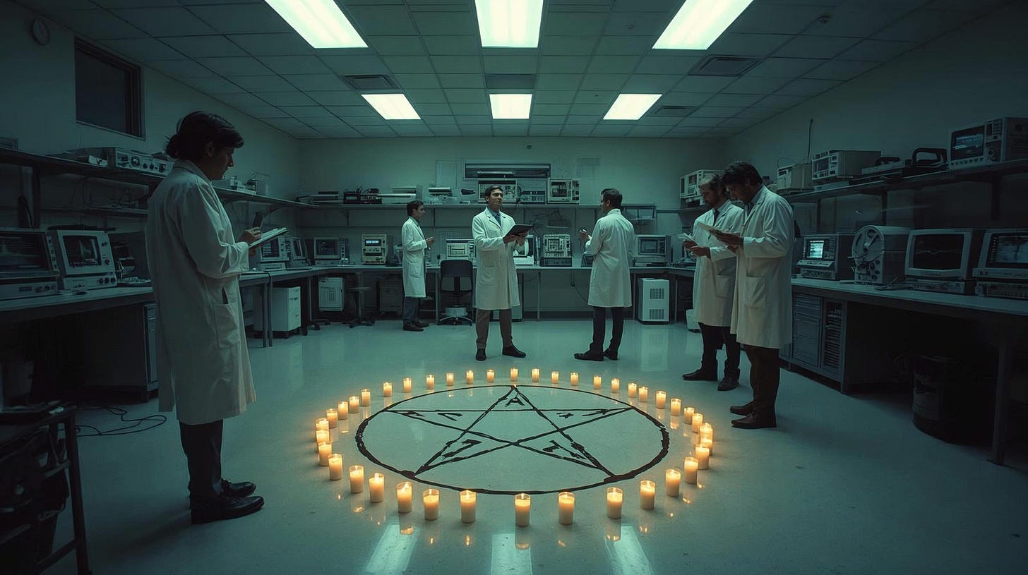 A 1970s scientific laboratory where researchers in white lab coats stand in a circle taking notes on clipboards while observing a pentagram drawn on the floor surrounded by lit candles. The stark fluorescent lighting and medical monitoring equipment contrast sharply with the occult ritual setup, capturing Operation OFTEN's attempt to apply scientific methodology to demonic summoning. This surreal juxtaposition of clinical research environment with supernatural investigation illustrates the CIA's documented efforts to bureaucratize the occult during the Cold War.
