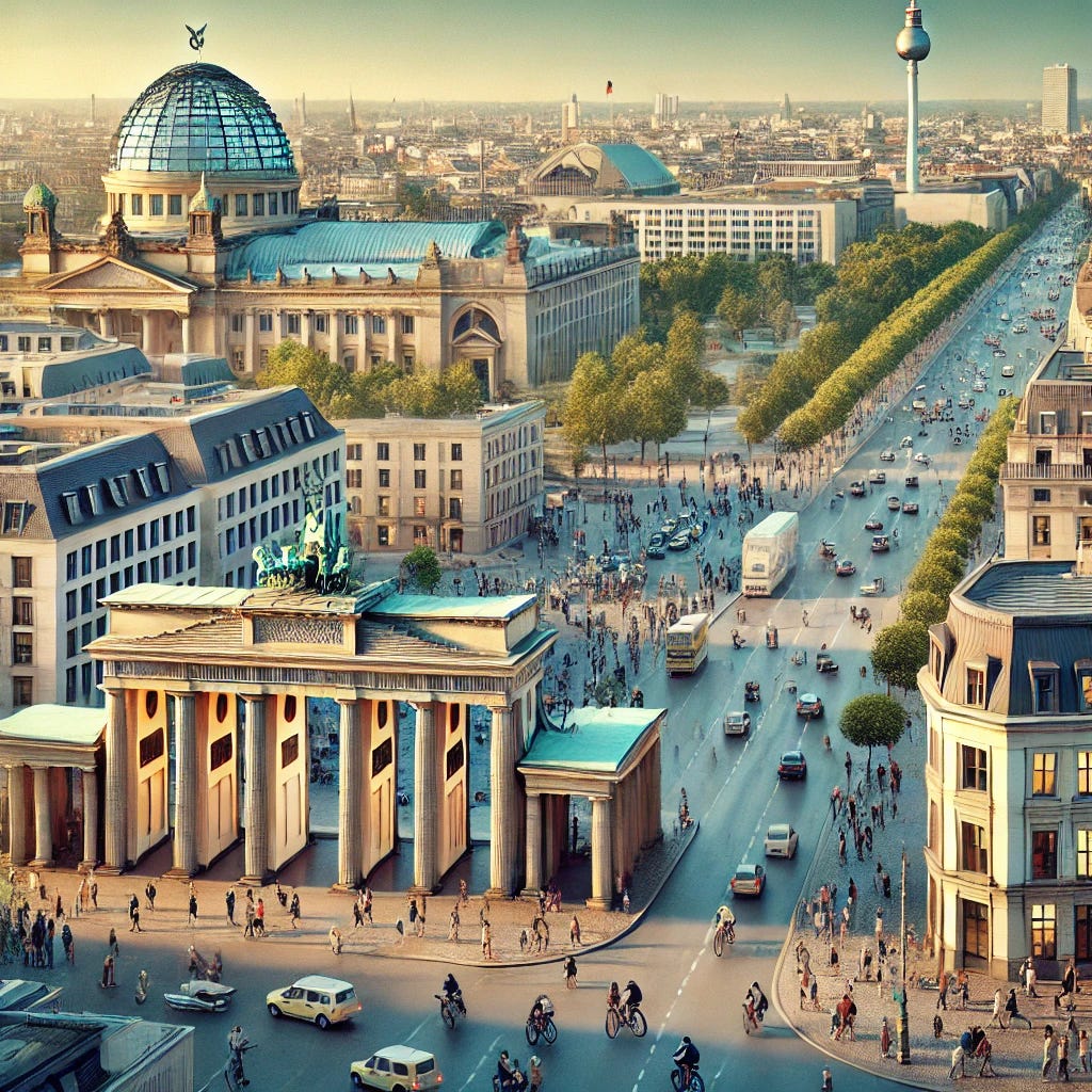 A scenic view of Germany, featuring a grand cityscape of Berlin with the Brandenburg Gate, the Reichstag building, and a lively urban atmosphere. The image captures the blend of historical and modern architecture, with people walking, cycling, and engaging in daily activities.