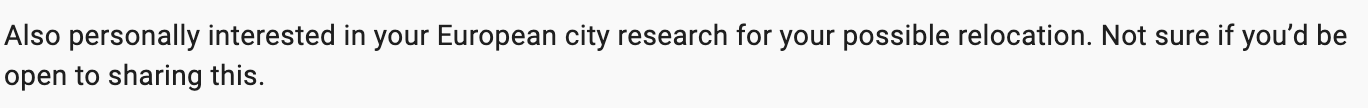 Beating The Tide subscriber survey feedback requesting you share your European city research and relocation planning, showing interest in your personal process and lifestyle considerations beyond stock investing
