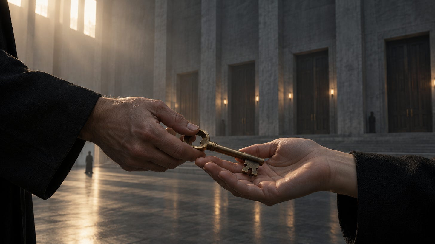 A brass key is handed from one person to another. A brass key is handed from one person to another.