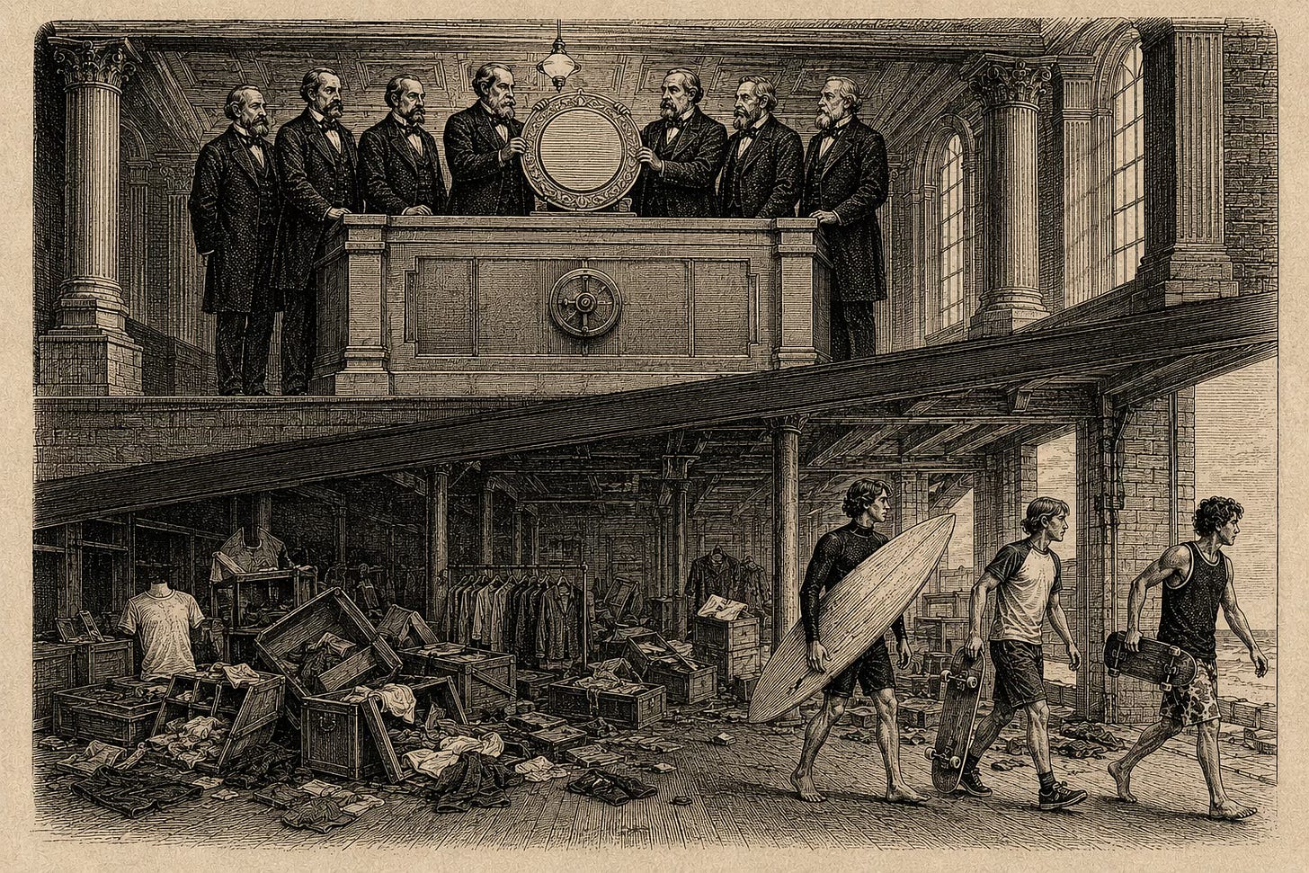 Wood-engraving editorial illustration in the Thomas Nast Harper's Weekly style for Attention Capital's essay The Playbook Already Built. The image shows a two-tiered industrial mercantile building in cross-section. The upper tier holds intact corporate trustees protecting a brand medallion in a stone vault. The lower tier shows the operating floor in disarray with athletes walking out and inventory scattered. The visual argument: the licensing structure isolated the brand owner from the consequence of buyout-equity strip incentives, allowing the operating company to extract margin while the cultural equity carried by the athletes departed along with the cash flow that monetized the brand. Keywords: Liberated Brands, Authentic Brands Group, Volcom, Roxy, action sports private credit, athlete commercial cash flow.