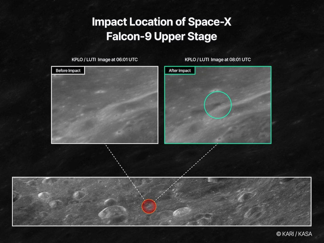 A satellite image shows the impact site on the moon after a defunct SpaceX rocket crash A satellite image shows the impact site on the moon after a defunct SpaceX rocket crash