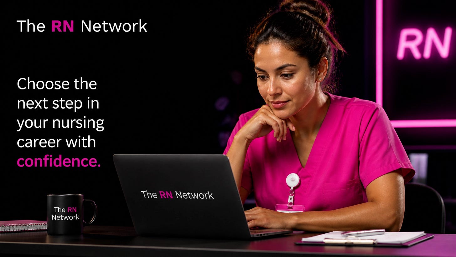 A nurse in bold pink and neutral scrubs reviewing job options in a modern professional setting with the official RN Network logo A nurse in bold pink and neutral scrubs reviewing job options in a modern professional setting with the official RN Network logo