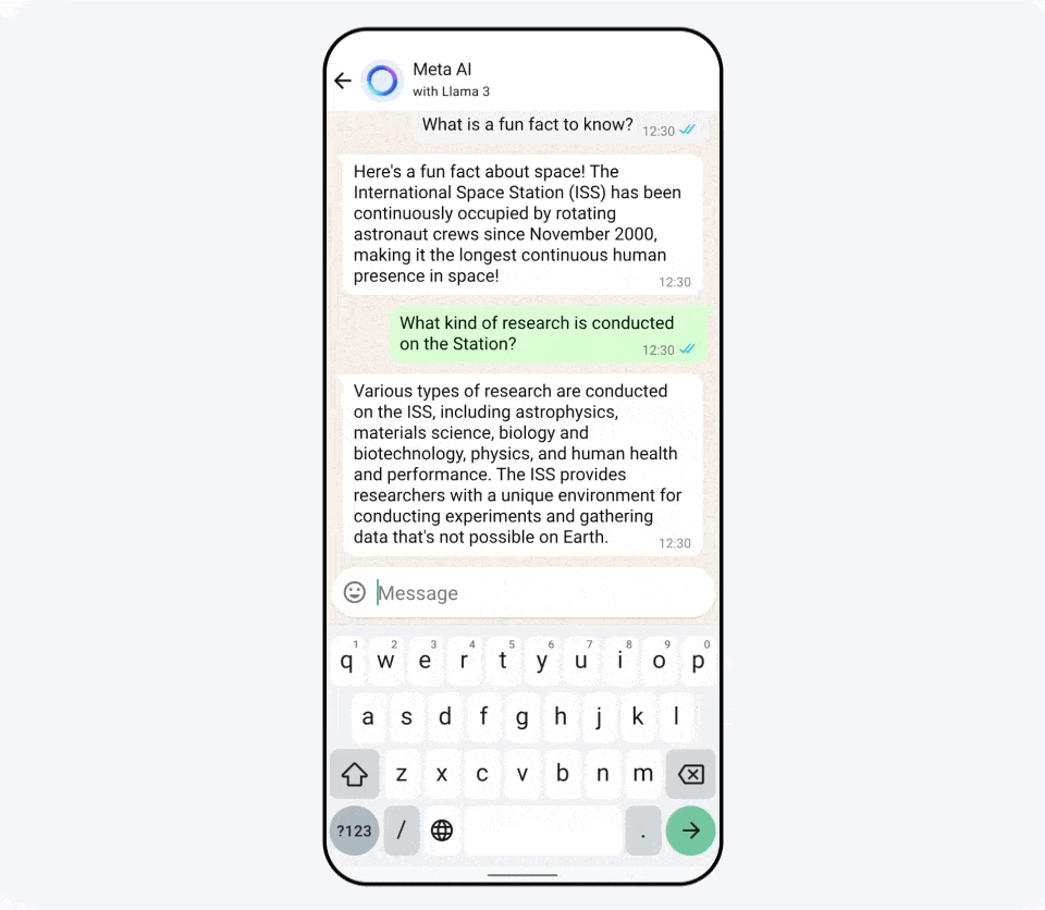 Animation showing images appearing as you type using Meta AI's Imagine feature in a WhatsApp chat