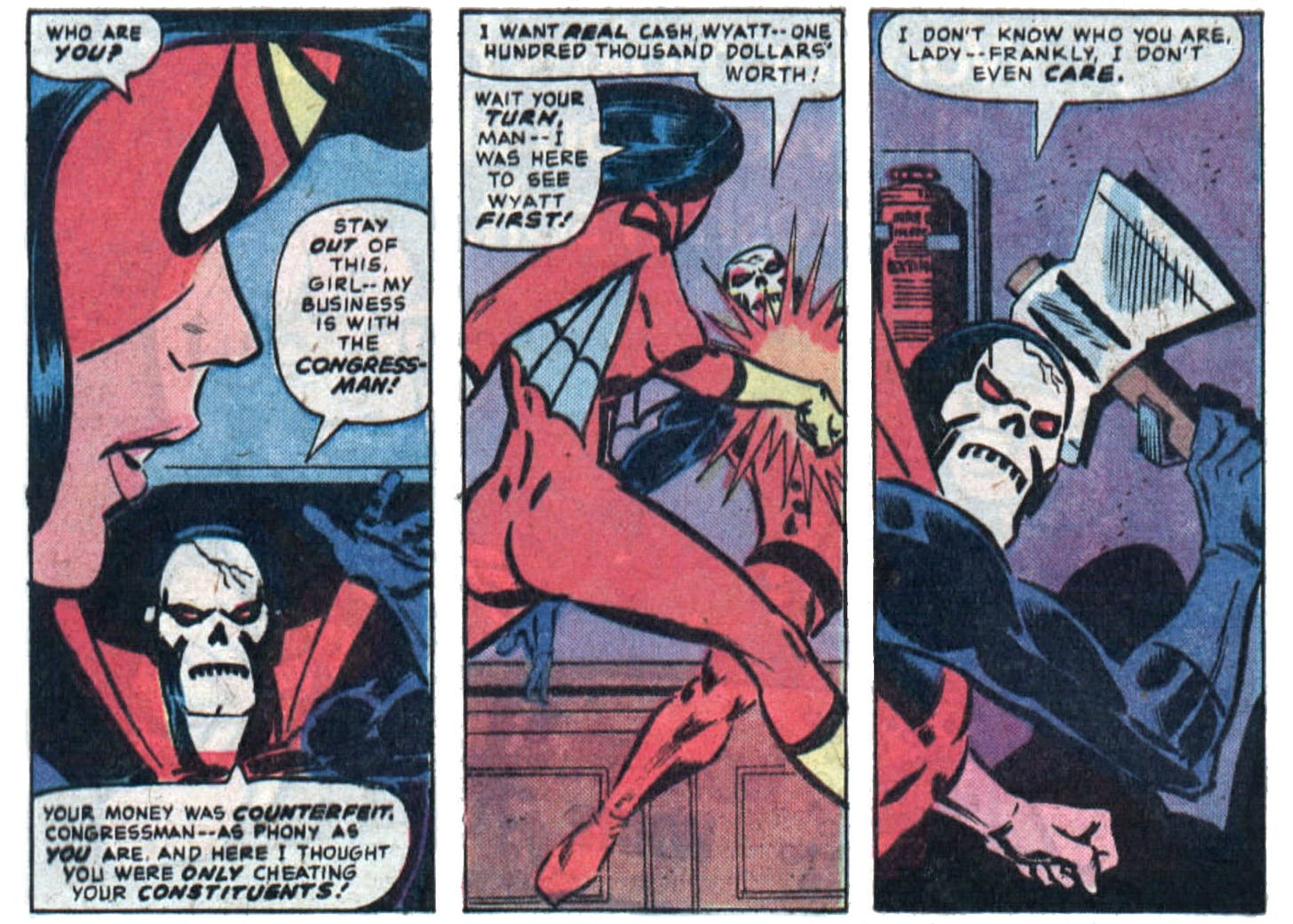 Spider-Woman and Brother Grimm fight over who gets to fight Congressman Wyatt