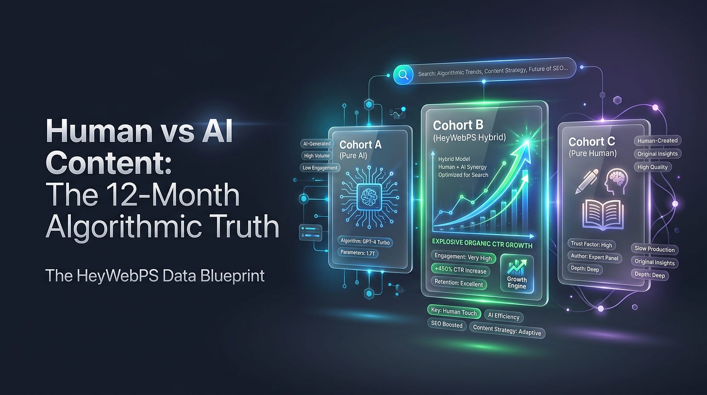 A professional 16:9 landscape technology banner set against a dark slate gray (#0F172A) background with a soft ambient neon glow of cyan, blue, and purple. The left side features bold geometric sans-serif typography reading "Human vs AI Content: The 12-Month Algorithmic Truth" above the secondary branding line "The HeyWebPS Data Blueprint." The right side displays a modern, floating 3D glassmorphic card deck showcasing three experimental cohorts: "Cohort A (Pure AI)," "Cohort B (HeyWebPS Hybrid)," and "Cohort C (Pure Human)." The central Hybrid card is highlighted with a vivid green glowing upward curve, illustrating rapid organic traffic growth and a superior search click-through rate (CTR).