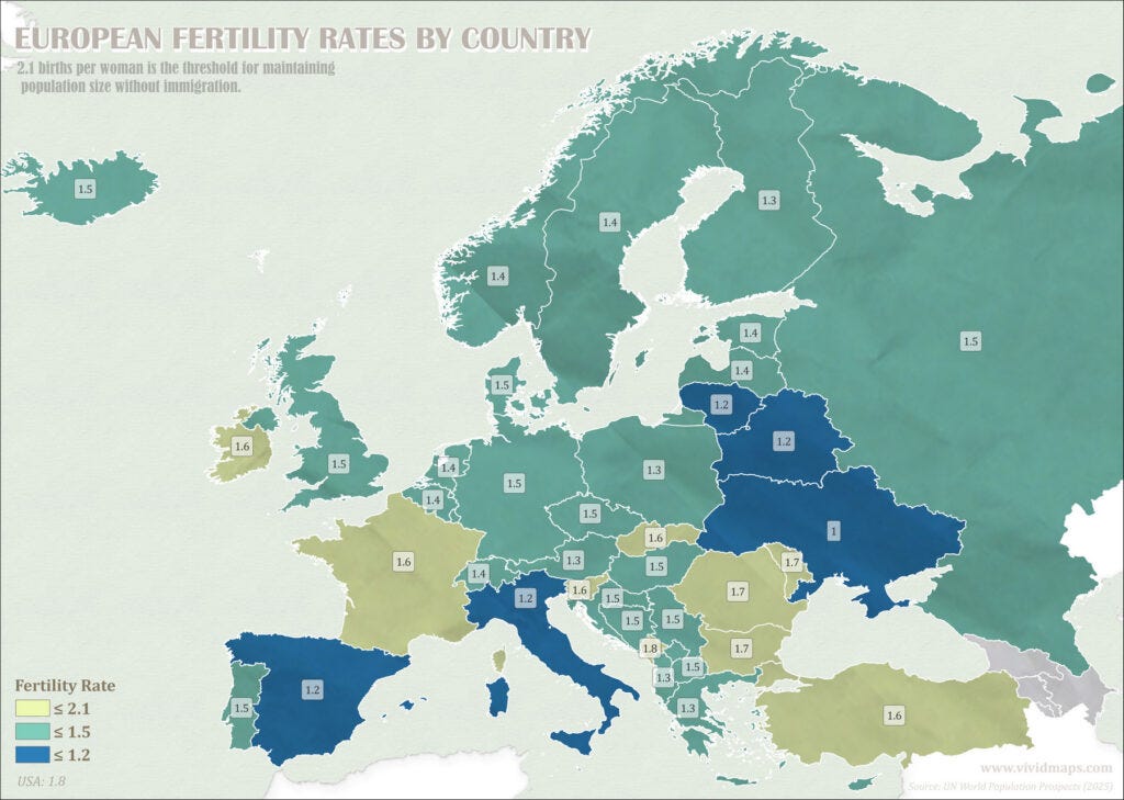 Fertility rate in Europe in 2025 mapped