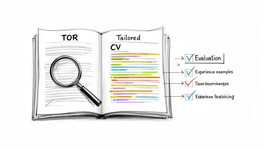A sketch of an open book showing 'TOR' and a 'Tailored CV', alongside a checklist for evaluation and experience examples. A sketch of an open book showing 'TOR' and a 'Tailored CV', alongside a checklist for evaluation and experience examples.