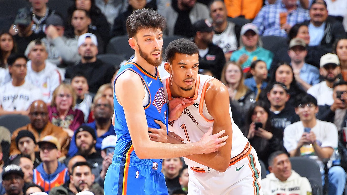 San Antonio Spurs' Victor Wembanyama and OKC Thunder's Chet Holmgren guard each other in a basketball game on January 24, 2024 San Antonio Spurs' Victor Wembanyama and OKC Thunder's Chet Holmgren guard each other in a basketball game on January 24, 2024