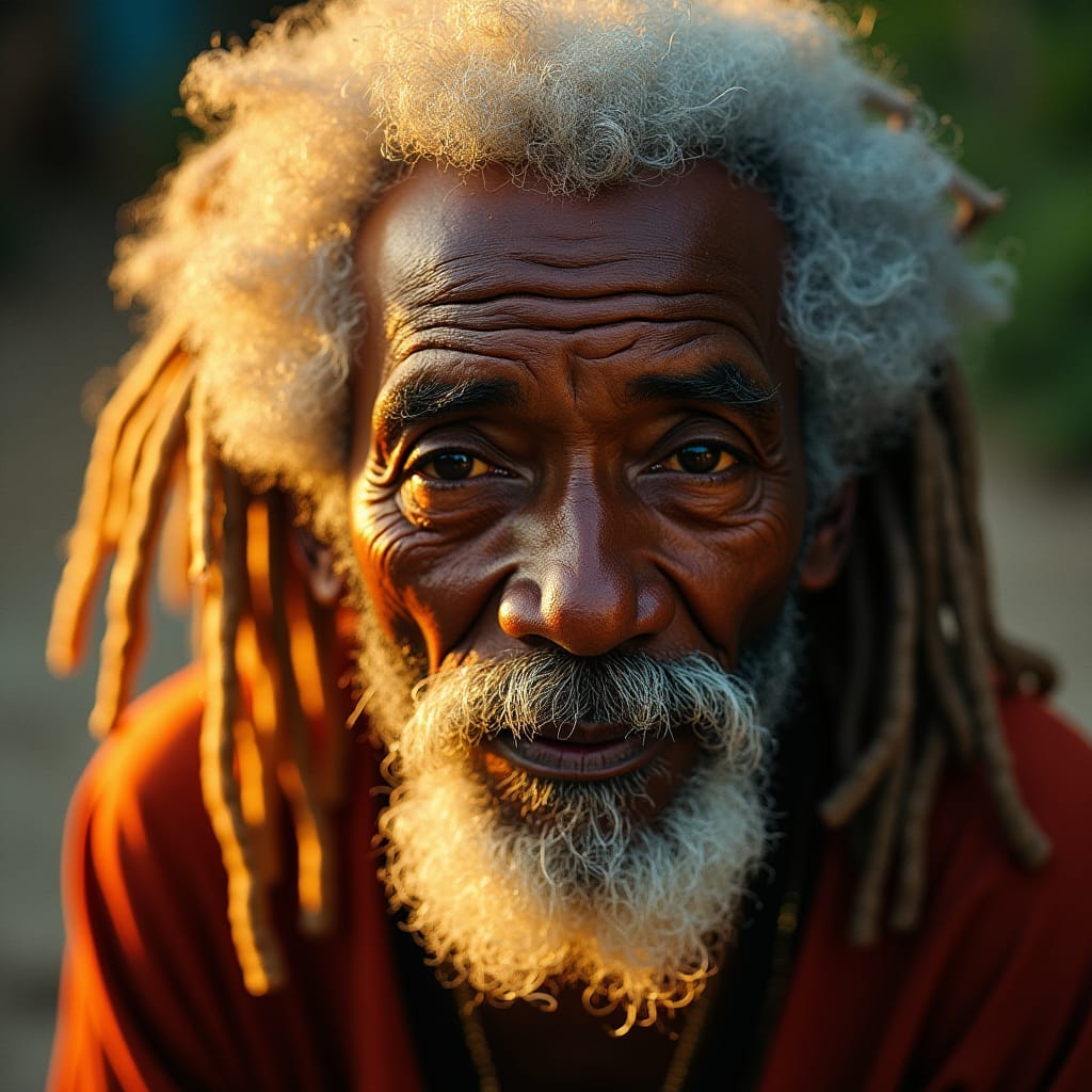 Venerable Jamaican Rastafarian elder, wisps of white dreadlocks framing a weathered, gentle face, eyes aglow with wisdom, set against a warm, earthy backdrop, infused with the soft, golden light of a Caribbean sunset