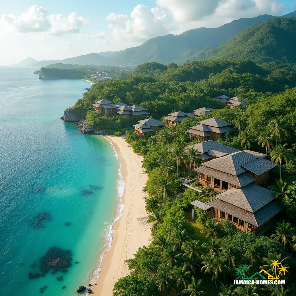 A serene coastline in Montego Bay, Negril, or Seven Mile Beach, featuring an eco-resort or ocean-view residence seamlessly integrated into the lush surroundings, with abundant green spaces and natural beauty preserved. The architecture blends harmoniously with the environment, showcasing sustainable coastal development. Renewable energy systems, resilient infrastructure, and immersive visitor experiences are subtly highlighted.