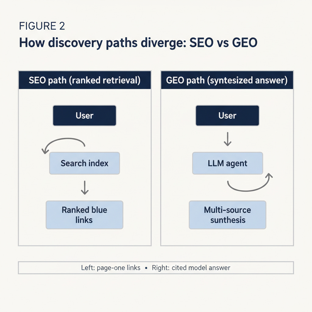 Figure 2: Discovery path comparison — SEO versus GEO Figure 2: Discovery path comparison — SEO versus GEO