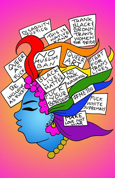 1) Illustration of five diverse individuals standing together, displaying unity. Text reads, "Despite the pain, tears, criminalization, erasure, and heartache, WE EXIST!" This piece emphasizes resilience and solidarity. There is a small red wall/border on the bottom, and each person has one leg in front of it. The wall reads: 'Bigger than any border'. The person in the front and center is black with blue hair, a yellow shirt that reads 'We Exist' in black text, and they are wearing red pants with purple boots. On the far left, there is a black person wearing a yellow shirt and green pants, white shoes, holding a cane. Next to them, there is a black muslim person wearing an aqua hijab, green shirt, blue pants, and white shoes. The fourth person from the left is a black person wearing a white shirt, blue pants, white socks, and black shoes. The last person on the right is a Hispanic person wearing a purple tank top, black shorts, and pink boots. Julio's signature and the year is written in a lavender outline around the people, above the last person's shoulder. The overall background color is purple, while the text at the top is in black, and We Exist! is in lavender as well. There is green grass on the bottom of the piece in front of the wall. 2) Illustration of a blue-faced person with rainbow hair adorned with protest signs. Themes include social justice, equality, and empowerment, set against a pink-orange gradient background. The person has a yellow necklace, and pink flowers along their hairline. The signs use these messages: Disability Justice, This is Native Land, Thank Black and Brown Trans Women for Pride, Queer Art, Fight for Trans Lives, No Muslim Ban, Queer as Fuck, Be Inclusive as Fuck!, Black Lives Matter, Fuck Your Borders, No Pink Washing, #METOO, Fuck White Supremacy, Make Love Not War.