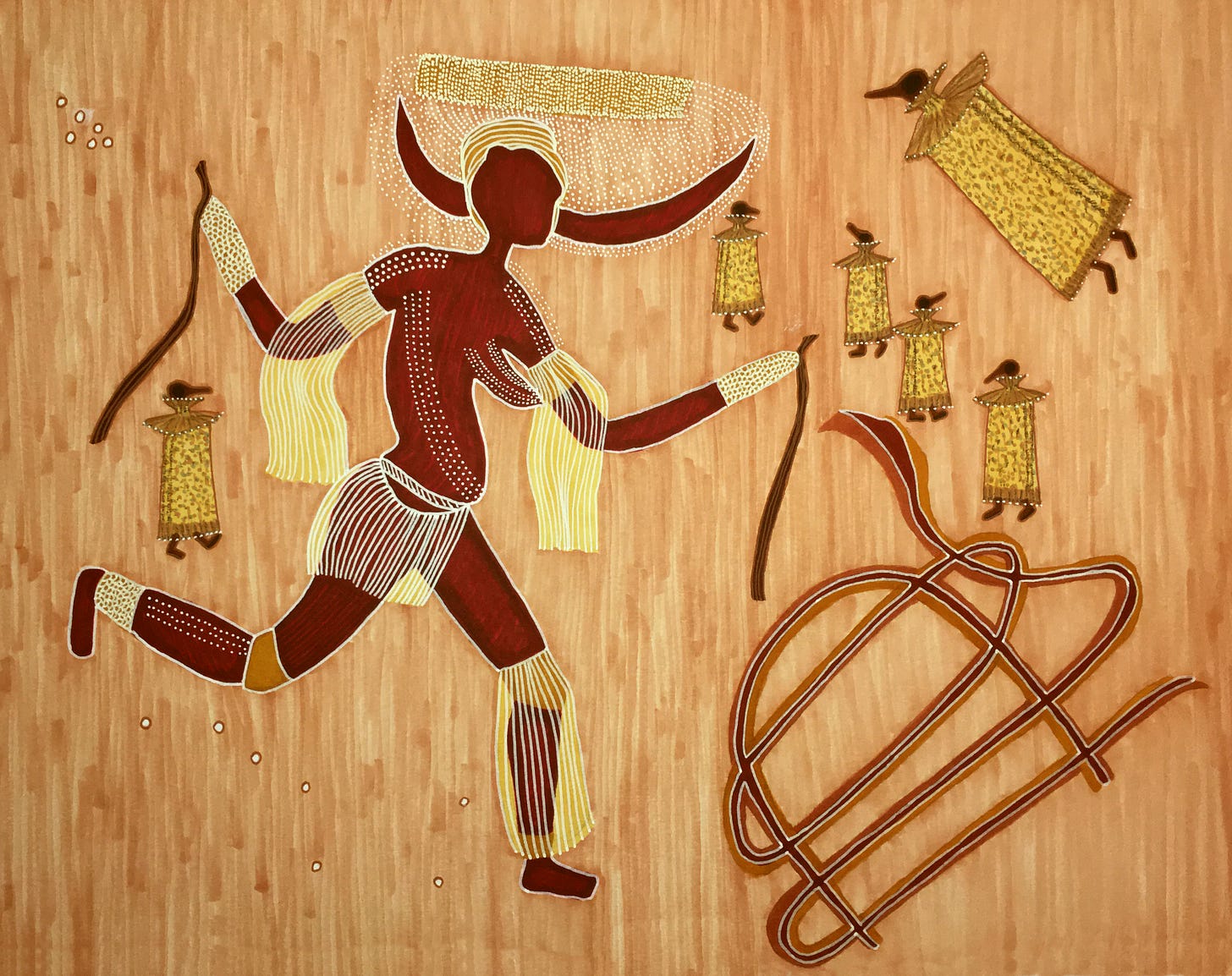 A dark red human female figure with large horns and white fringed decoration dances, surrounded by multiple small beaked figures wrapped in speckled cloaks. In the lower right is a shape woven of multiple lines.