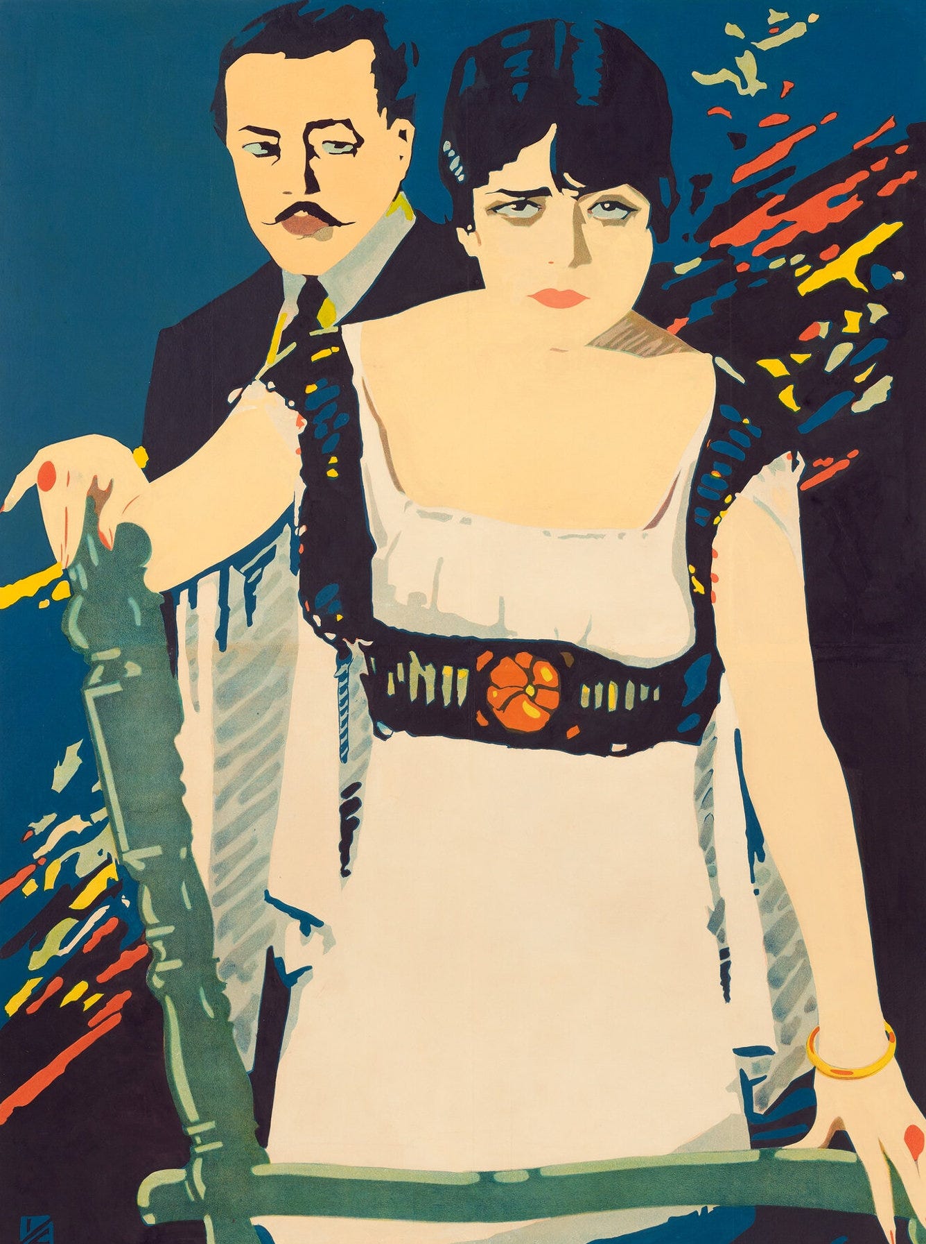 Poster art for the 1915 film Destruction features a color illustration of a mustachioed man gazing at Theda Bara.