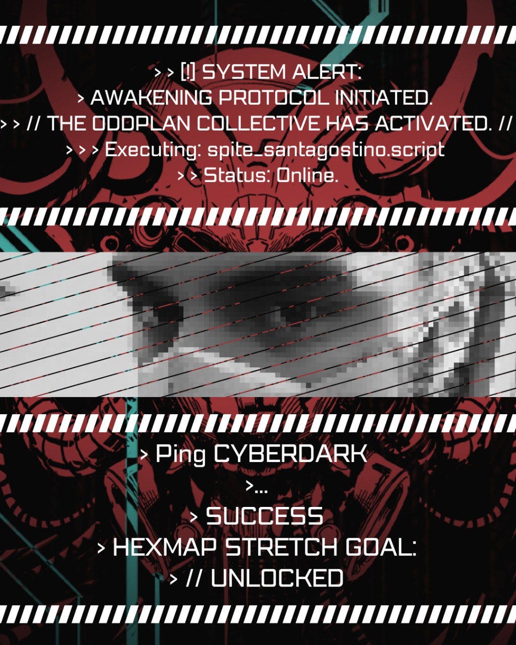 A cyberpunk-themed graphic with red and black circuitry patterns, displaying white system alert text that reads "THE ODDPLAN COLLECTIVE HAS ACTIVATED" and "HEXMAP STRETCH GOAL: // UNLOCKED."