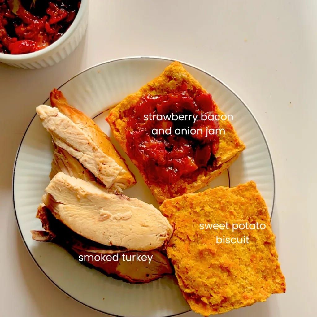 sweet potato biscuit with smoked turkey and strawberry bacon and onion jam labeled sweet potato biscuit with smoked turkey and strawberry bacon and onion jam labeled