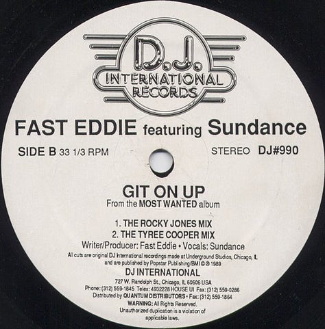 These images show vinyl art by African-American rappers from the late 1980s and early 1990s: Fast Eddie, The Wee Papa Girl Rappers, 2 Hyped Brothers & A Dog, and KC Flightt