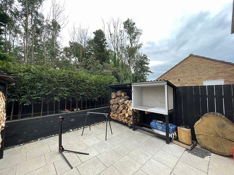 A nearly finished hearth and the outside kitchen is a quarter done.