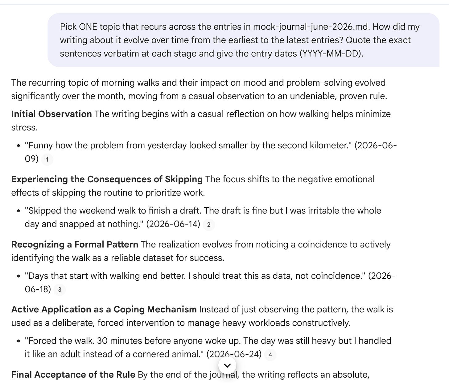 NotebookLM answer tracing a morning-walk journal pattern over time with dated citations