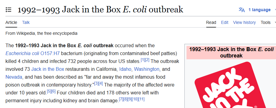 Wikipedia: "The 1992–1993 Jack in the Box E. coli outbreak occurred when the Escherichia coli O157:H7 bacterium (originating from contaminated beef patties) killed 4 children and infected 732 people across four US states.[1][2] The outbreak involved 73 Jack in the Box restaurants in California, Idaho, Washington, and Nevada, and has been described as "far and away the most infamous food poison outbreak in contemporary history."[3][4] The majority of the affected were under 10 years old.[5][6] Four children died and 178 others were left with permanent injury including kidney and brain damage."