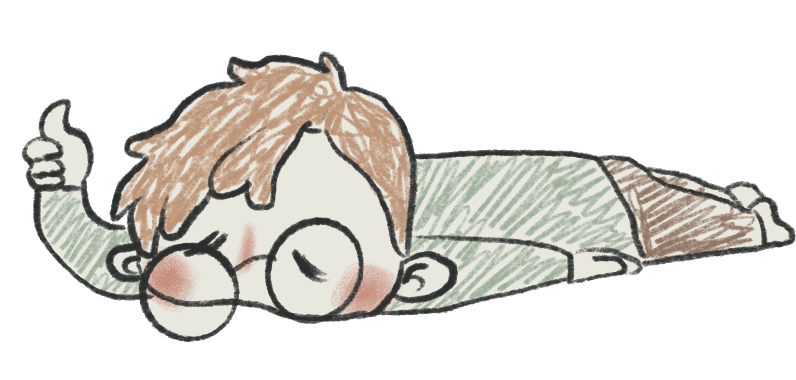 a wee doodle of Nicki lying on the ground tired but with their thumb up.