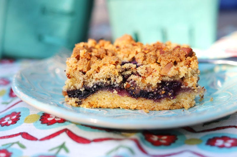 Lemony Blueberry Bars with Chunky Almond Crumble, Cook the Vineyard, recipe by Abby Dodge