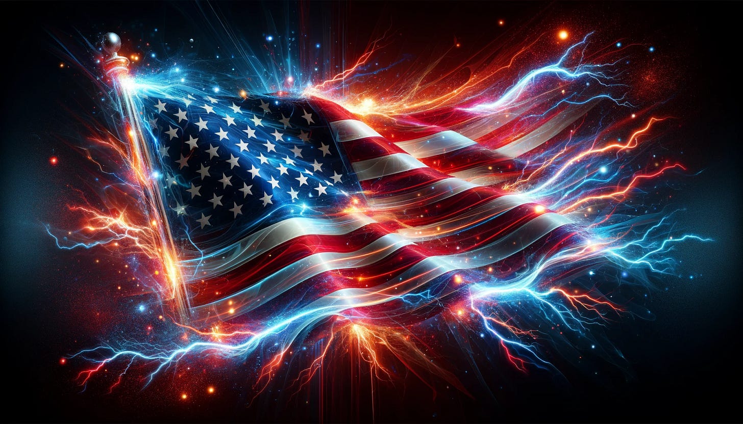 A widescreen image of the American flag pulsating with vibrant energy and crackling with power. The flag appears dynamic, with glowing red, white, and blue colors radiating energy waves. Electric sparks and crackles surround the flag, creating a sense of power and motion. The stars and stripes shimmer with a pulsating, electrified effect, set against a dark, dramatic background that enhances the glowing and powerful aesthetic. The overall design conveys strength, vitality, and innovation.