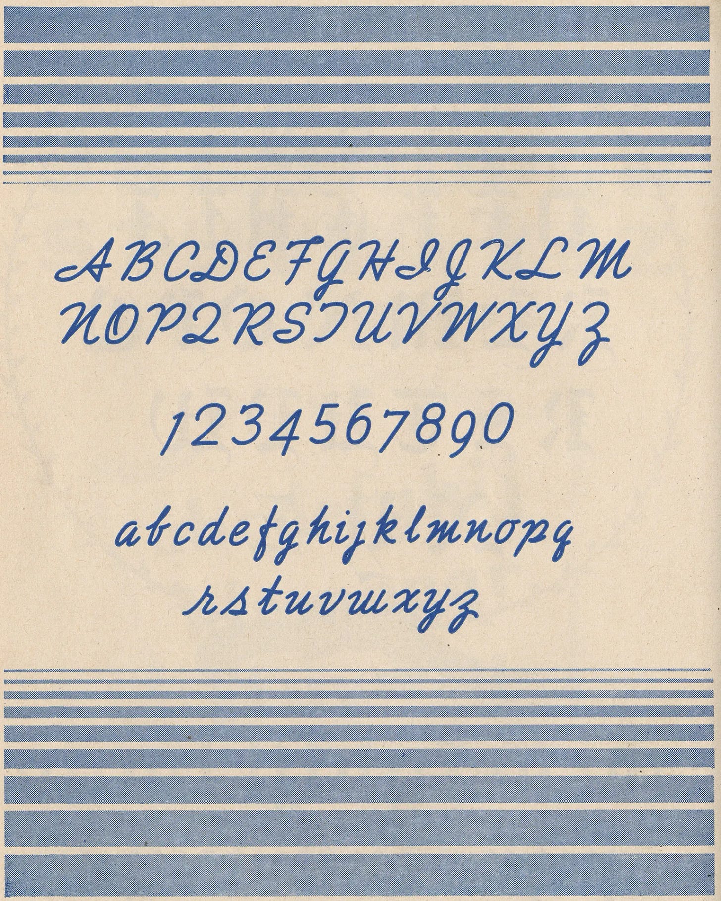 Vintage monoline script lettering specimen in blue ink showing uppercase and lowercase alphabets and numerals 1–0, framed by horizontal practice stroke lines on cream paper.
