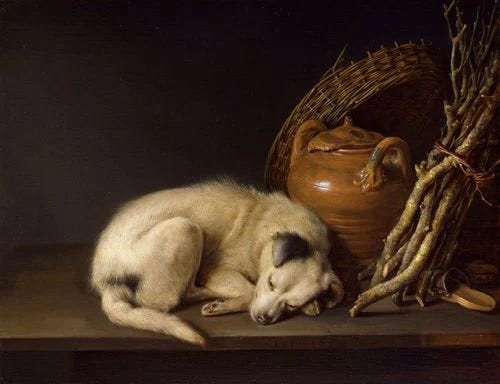 A classical still life painting featuring a white puppy sleeping peacefully beside a terracotta pot and bundle of twigs.