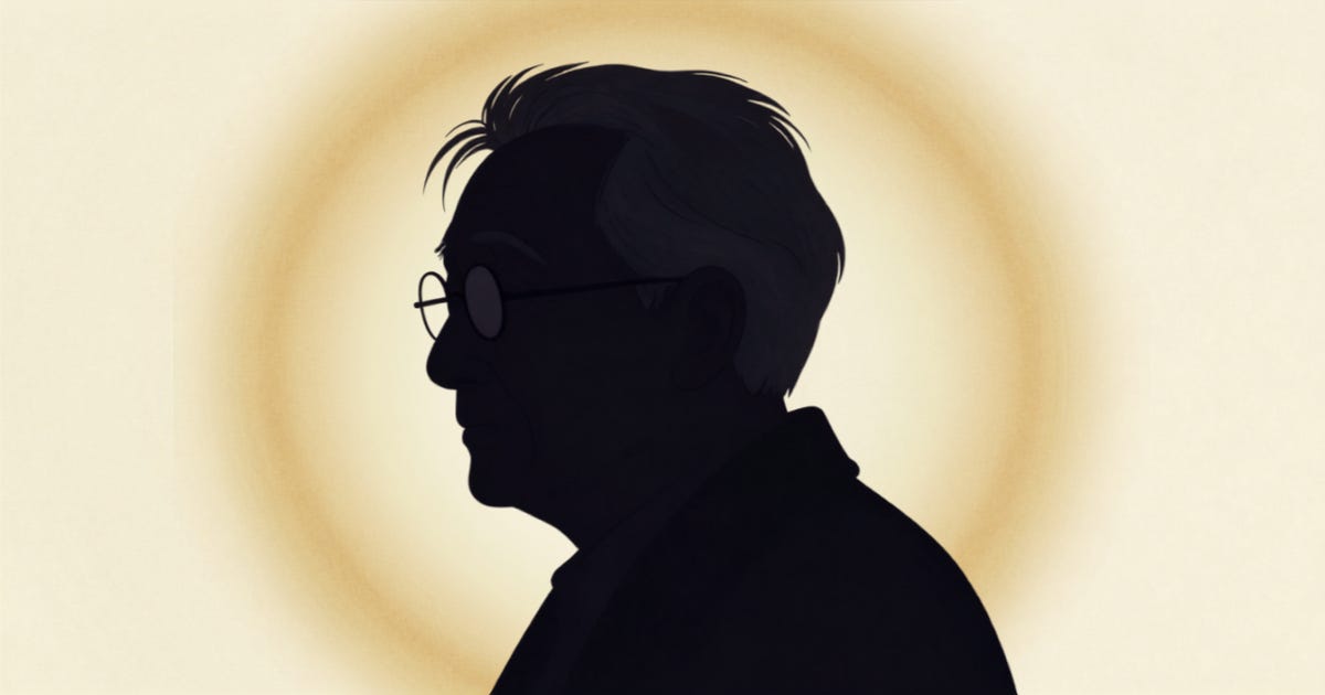 A black silhoutte of a man with glasses, intended to look like Hayao Miyazaki