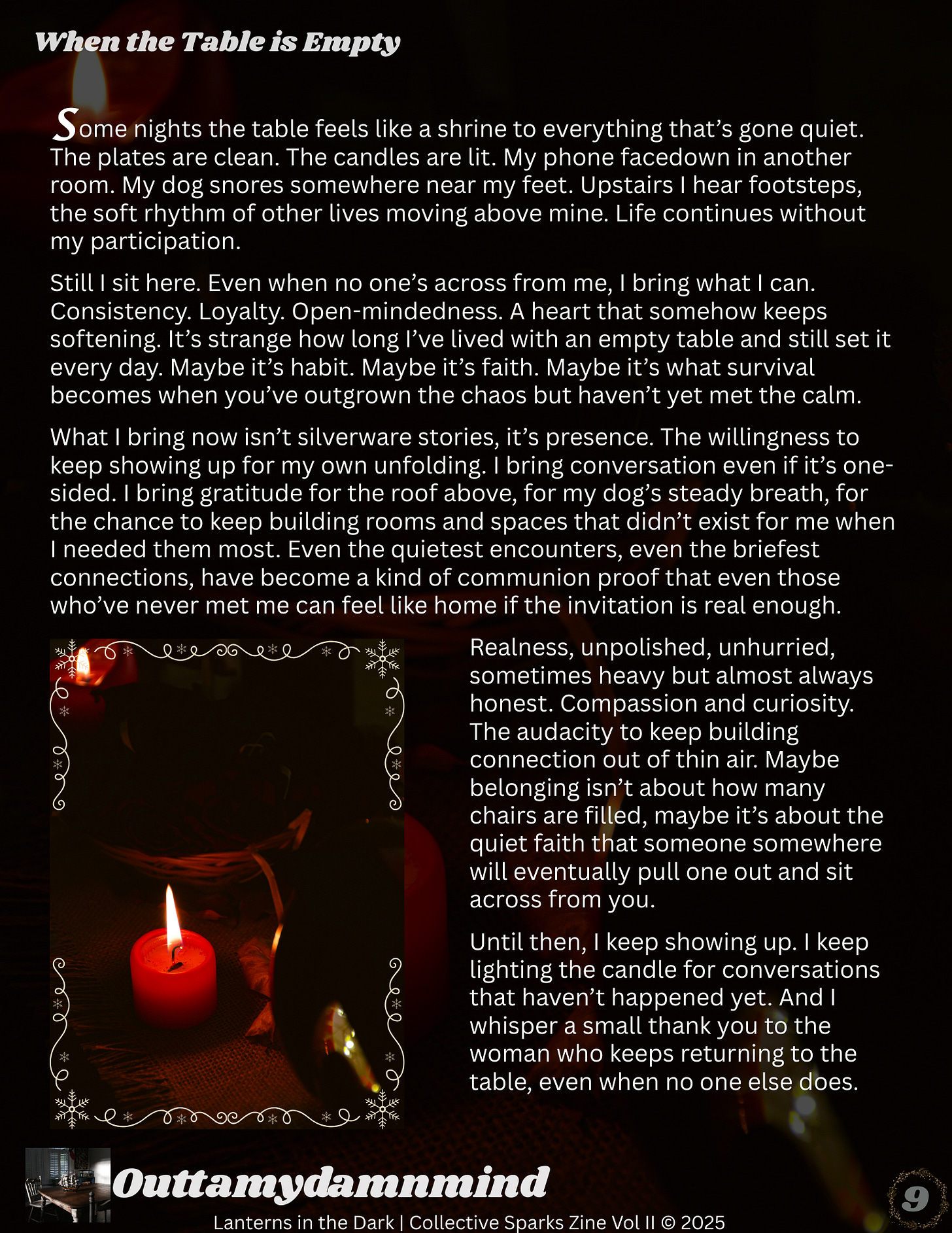 A dimly lit table set for one, with a red candle burning inside a decorative frame. The surrounding space is dark and quiet, evoking solitude, ritual, and the persistence of presence despite absence.