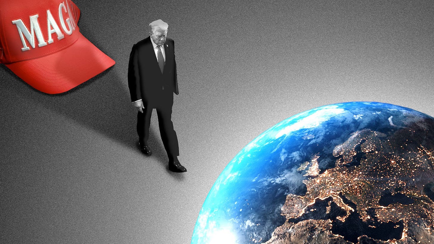 Photo illustration of Donald Trump walking away from a MAGA hat and toward a glowing globe.