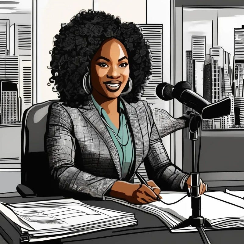 Journalist wearing hoop earrings and sitting in front of a mic, buildings in background