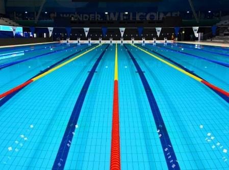 A swimming pool with lanes

Description automatically generated