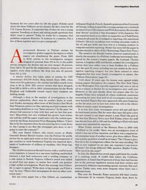 American Journalism Review published an in-depth story in 2010 titled “Investigative Shortfall” showing the alarming decline in investigative reporting and how investigative nonprofits could emerge to fill that void. Click on each image to read the page. (Mc Nelly Torres | Don’t Forget My Voice)