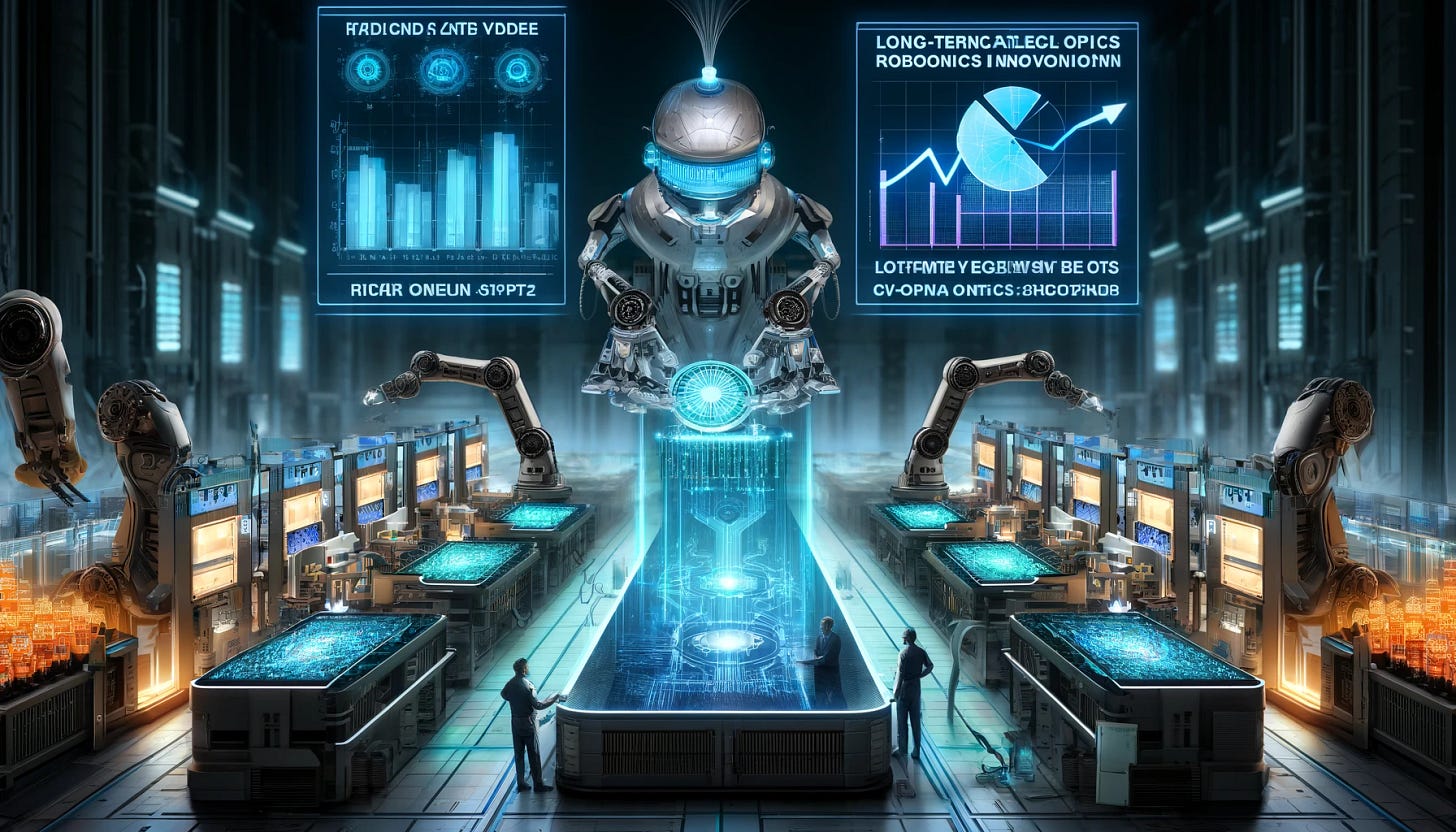A 16:9 futuristic illustration showcasing Teradyne’s vision for the next decade, where test and robotics innovation converge. The scene features a high-tech Teradyne-branded lab where AI-driven robotic arms perform semiconductor testing on glowing microchips. Holographic financial charts highlight Teradyne’s revised 2025 revenue outlook alongside long-term growth bets in AI, co-packaged optics, and robotics. Engineers oversee advanced automation processes, while the background features a futuristic industrial setting, symbolizing Teradyne’s leadership in semiconductor testing and robotics innovation.