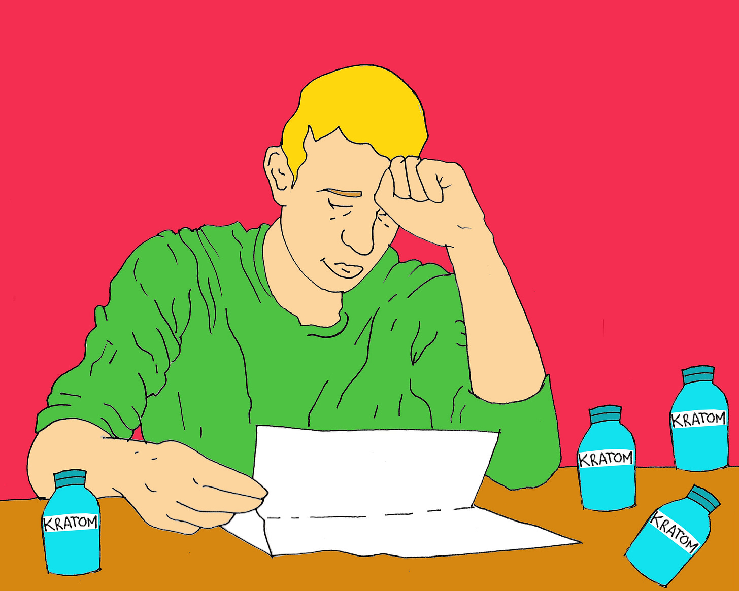 a distressed man, reads a bill with bottles of kratom around him