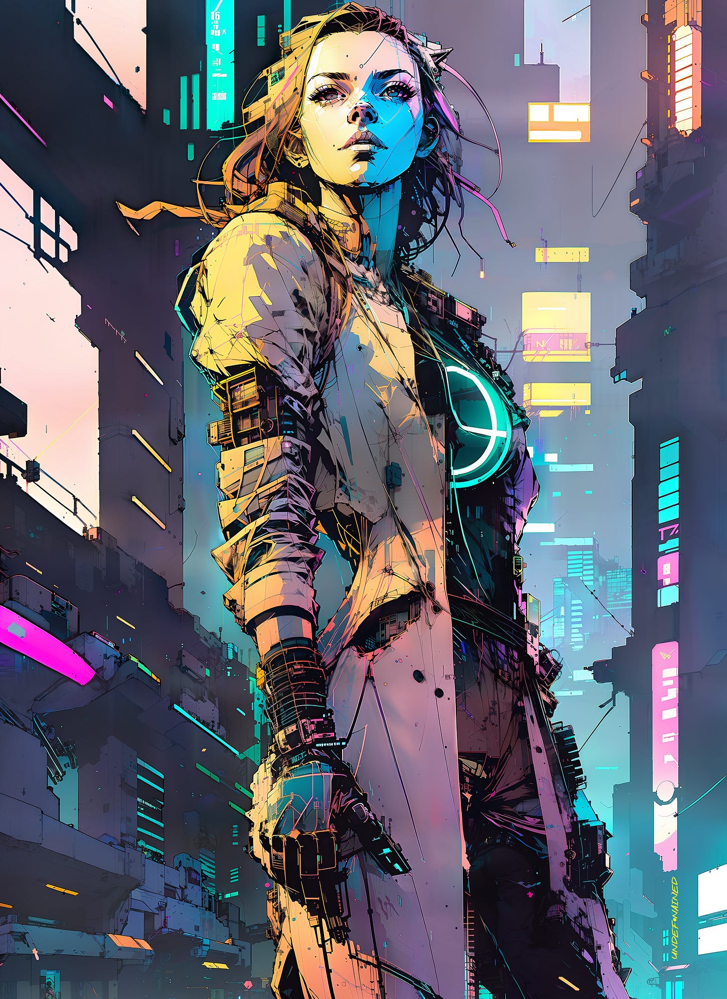 General 2048x2816 inkpunk cyberpunk AI art Pink jacket artwork fantasy girl fantasy art futuristic