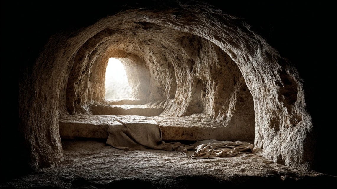 Interior of an empty stone tomb looking toward a bright opening with burial cloth left on the stone shelf.