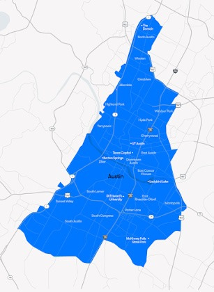 Map of Waymo service area in Austin