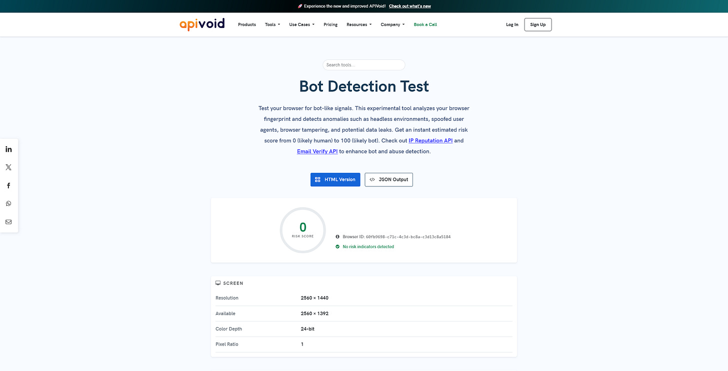 invisible_playwright vs APIVoid's Bot Detection Test invisible_playwright vs APIVoid's Bot Detection Test