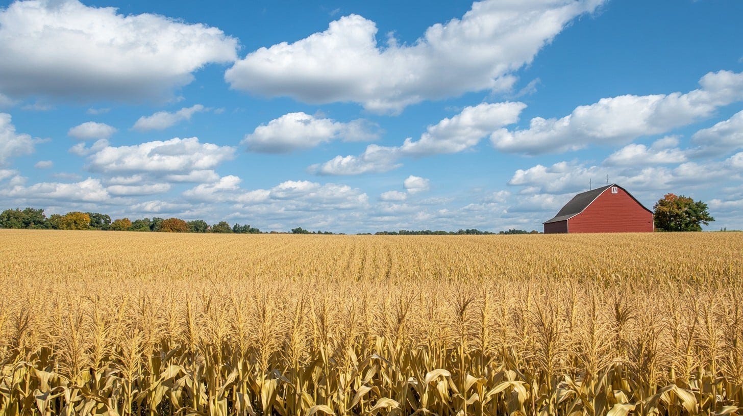 This expansive view captures a vibrant, golden wheat field stretching towards the horizon under a clear blue sky scattered with fluffy clouds. At the edge of the field stands a traditional red barn, enhancing the rural charm of this landscape. The scene epitomizes peaceful, agricultural life and the beauty of the countryside.