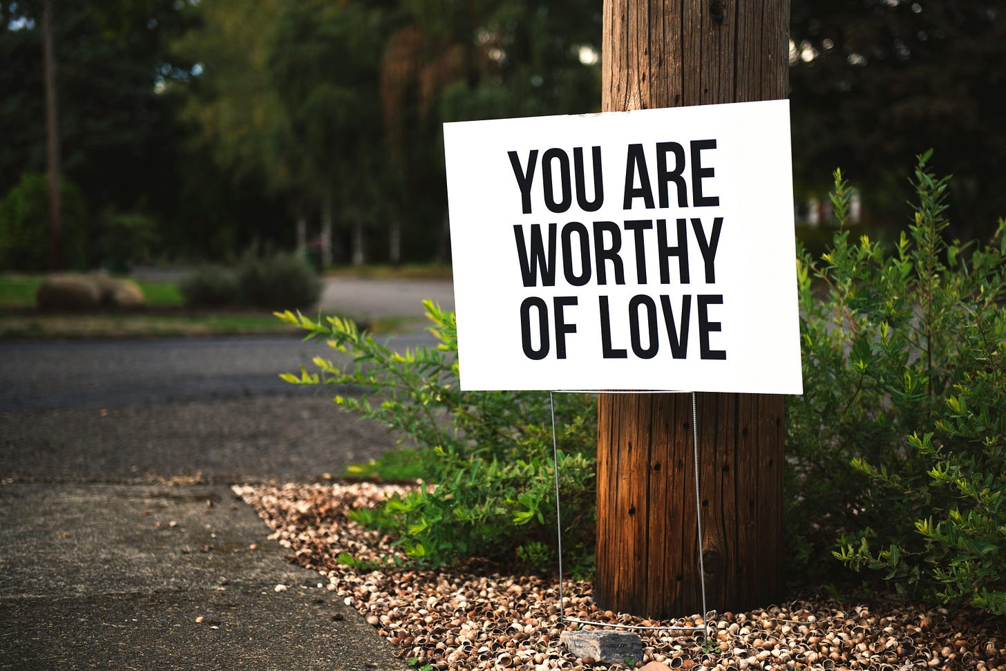 A white placard with bold black text reads 'You Are Worthy Of Love'. It stands in front of a tree with green leafy bushes behind, by an asphalt path lined with large trees blurred in the background