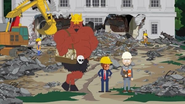 In an animated scene, a smiling President Trump and Satan stand in a demolition area outside the White House. Each is wearing a yellow hard hat.  