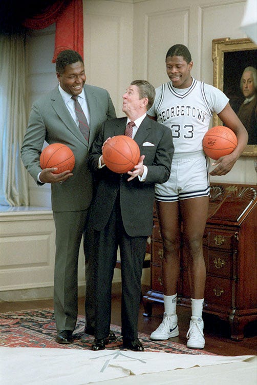 File:Ronald Reagan with John Thompson, Patrick Ewing.jpg - Wikimedia Commons