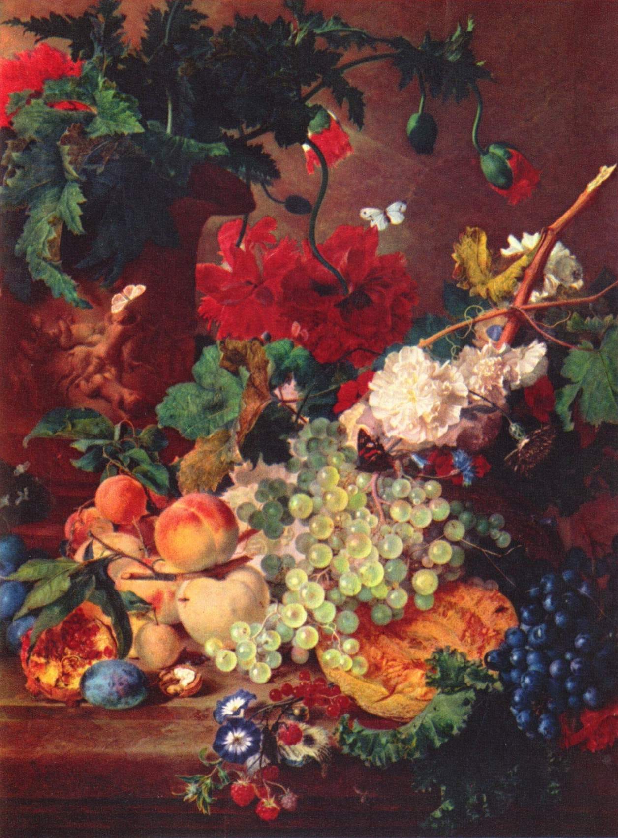 A lavish overflowing bouquet in warm light with a butterfly and bird nest A lavish overflowing bouquet in warm light with a butterfly and bird nest