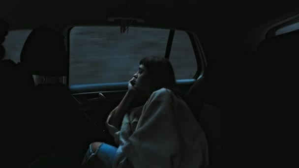 Lonely sad woman inside car cab at night 159488090